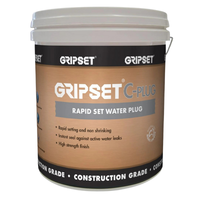 Gripset C-PLUG rapid set water plug cement-based compound for instantly stopping active water leaks in concrete, masonry, tunnels, basements, retaining walls, and other waterproofing applications.