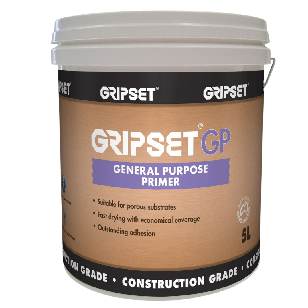 Gripset GP General Purpose Primer 5L water-based primer for improving adhesion on porous concrete, masonry, fibre cement, screeds, and other absorbent substrates before waterproofing, tiling, and flooring applications.