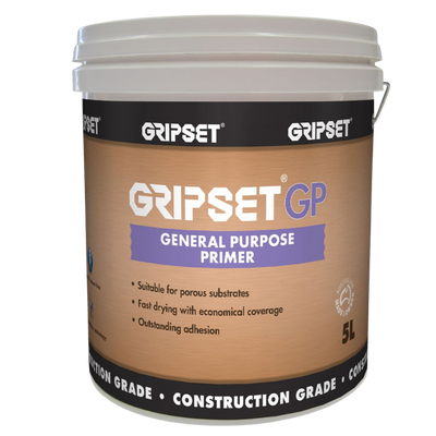 Gripset GP General Purpose Primer 5L water-based primer for improving adhesion on porous concrete, masonry, fibre cement, screeds, and other absorbent substrates before waterproofing, tiling, and flooring applications.