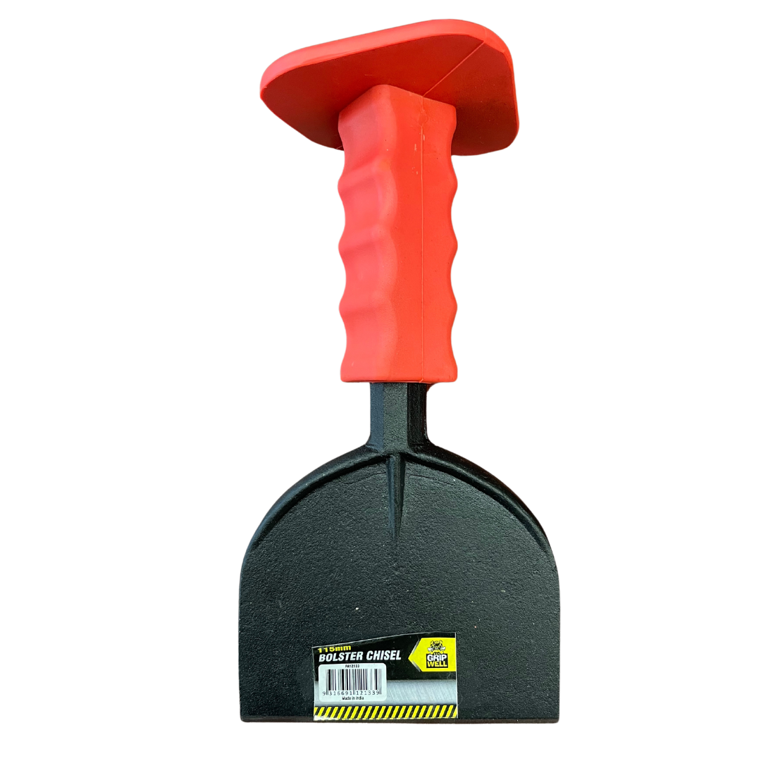 Grip Well 115mm brick bolster chisel with hand guard and ergonomic grip for cutting, shaping, and splitting bricks, blocks, masonry, and concrete.