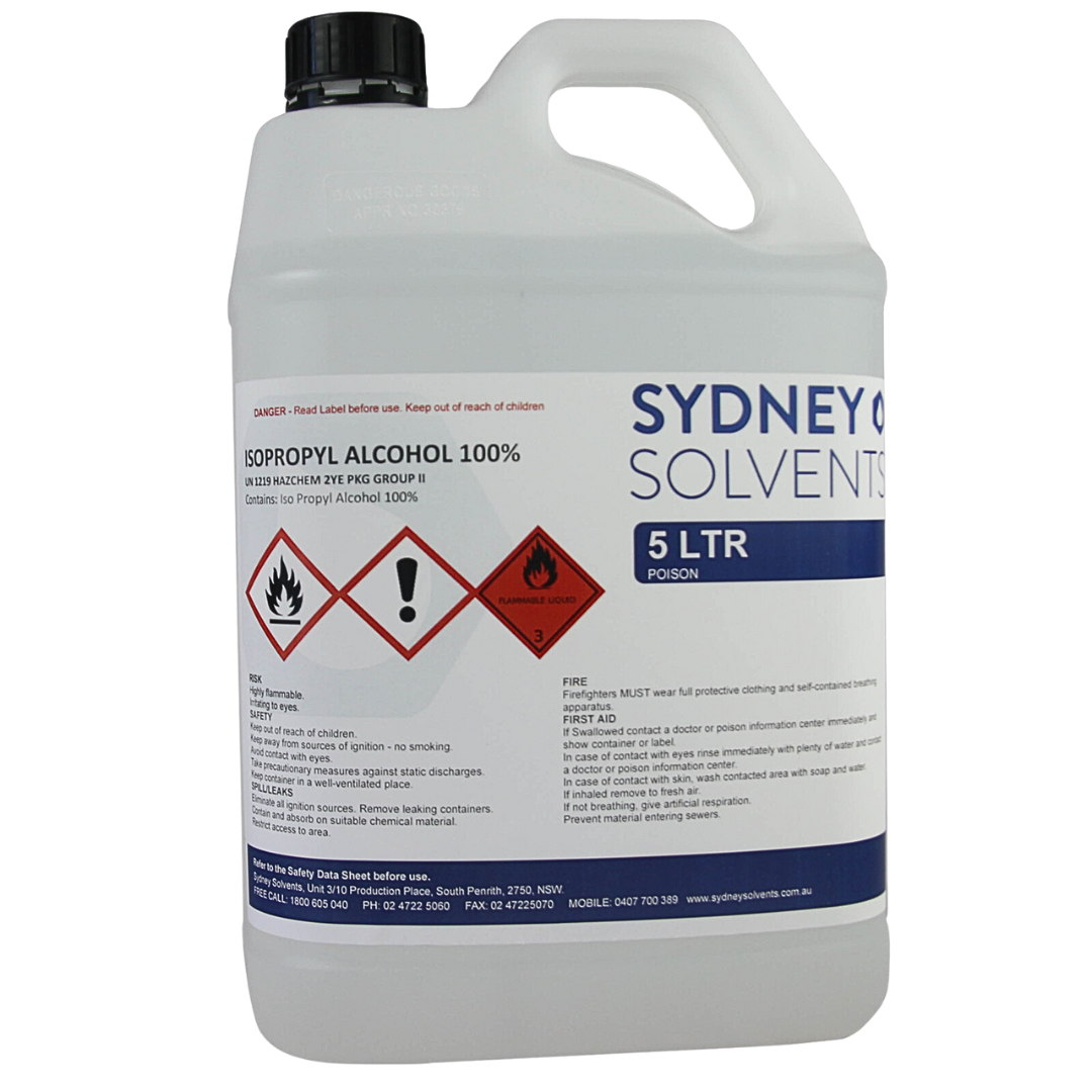Isopropyl Alcohol (IPA) 100% 5L solvent for cleaning, degreasing, surface preparation, and removing contaminants from metal, glass, plastics, and other hard surfaces.