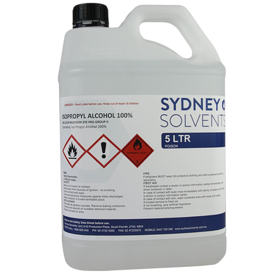 Isopropyl Alcohol (IPA) 100% 5L solvent for cleaning, degreasing, surface preparation, and removing contaminants from metal, glass, plastics, and other hard surfaces.