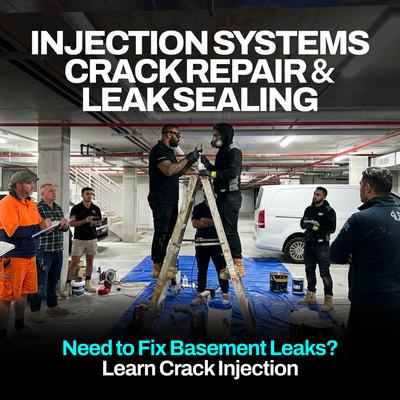 Injection Systems Crack Repair and Leak Sealing course with waterproofing professionals receiving hands-on training in crack injection, basement leak repair and concrete sealing techniques.