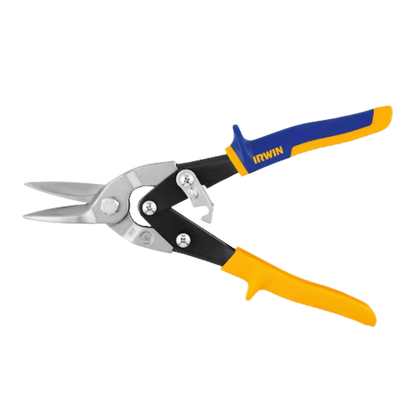 IRWIN Straight Cut Aviation Snips with forged steel blades and ergonomic blue and yellow grips, designed for precise straight cutting of sheet metal, aluminium, vinyl, and other thin materials.