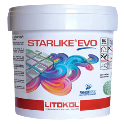 Litokol Starlike EVO epoxy grout and adhesive for ceramic tiles, porcelain, glass mosaics and natural stone, offering stain-resistant, durable and waterproof joint filling.