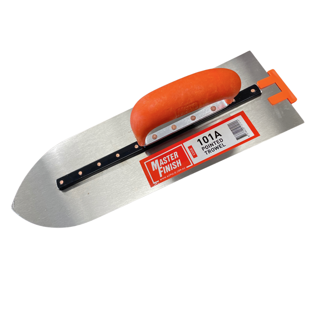 Master Finish 101A pointed trowel with a high-quality steel blade and ergonomic handle for applying, spreading, and finishing mortar, plaster, render, and concrete.