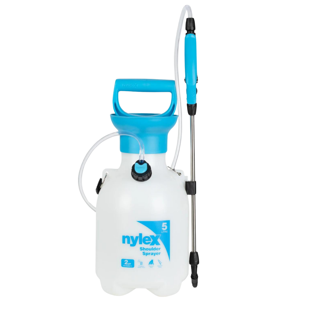 NYLEX 5L shoulder sprayer with spray wand for applying primers, cleaning solutions, and waterproofing chemicals on construction surfaces.