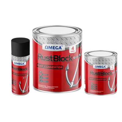 Omega RustBlock Rust Converter for converting rust, preventing corrosion, and priming metal surfaces before painting or protective coatings.