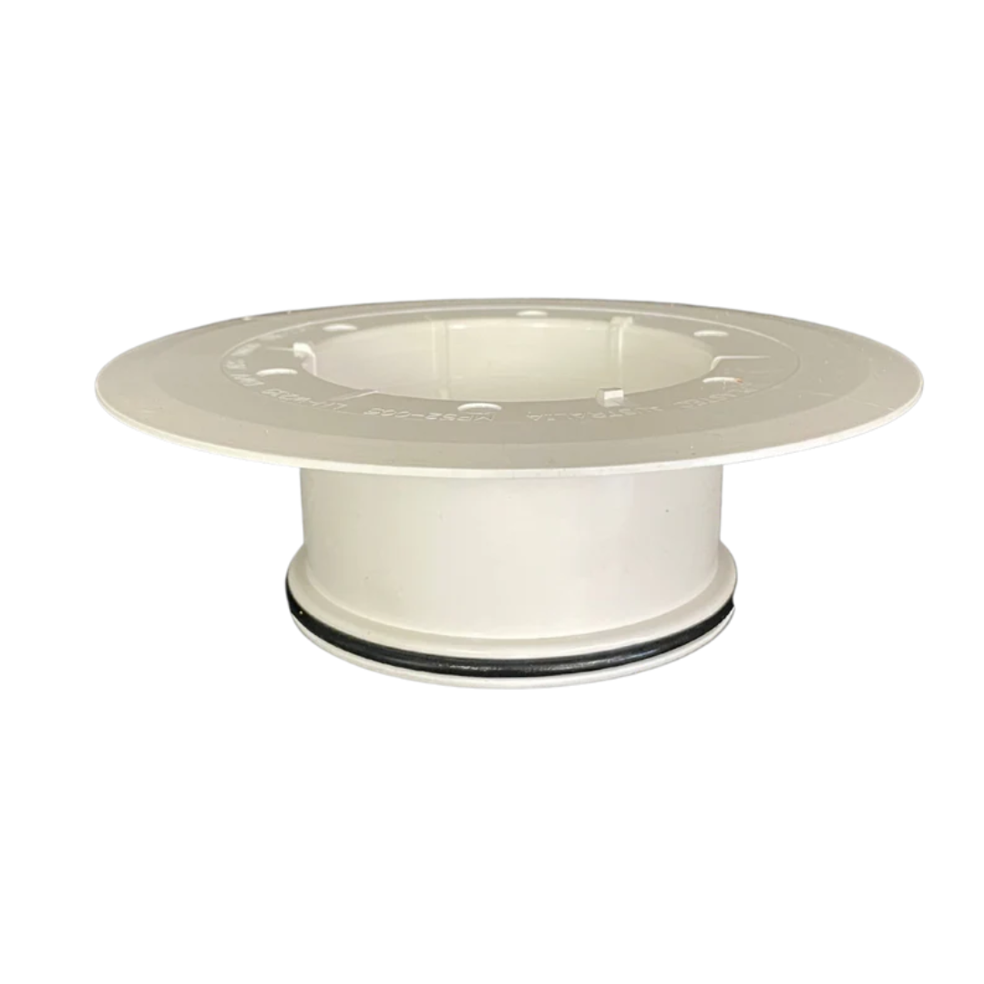 Plastec 100mm PVC puddle flange designed to provide a secure waterproof connection around floor wastes and pipe penetrations in concrete slabs and waterproofing membrane systems.