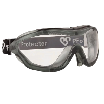 Protector Compact Safety Goggles with clear anti-fog impact-resistant lenses and an adjustable elastic head strap for eye protection during construction, grinding and industrial work.