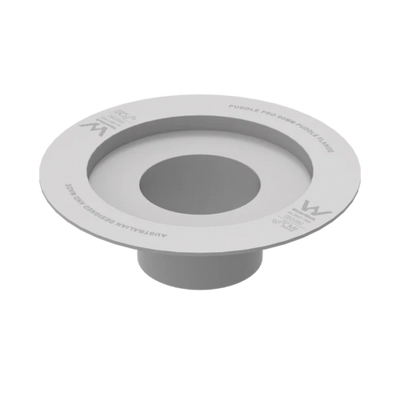 Puddle Pro 90mm PVC puddle flange for creating a watertight seal around 90mm pipe penetrations in waterproofing systems for bathrooms, balconies, and wet areas.