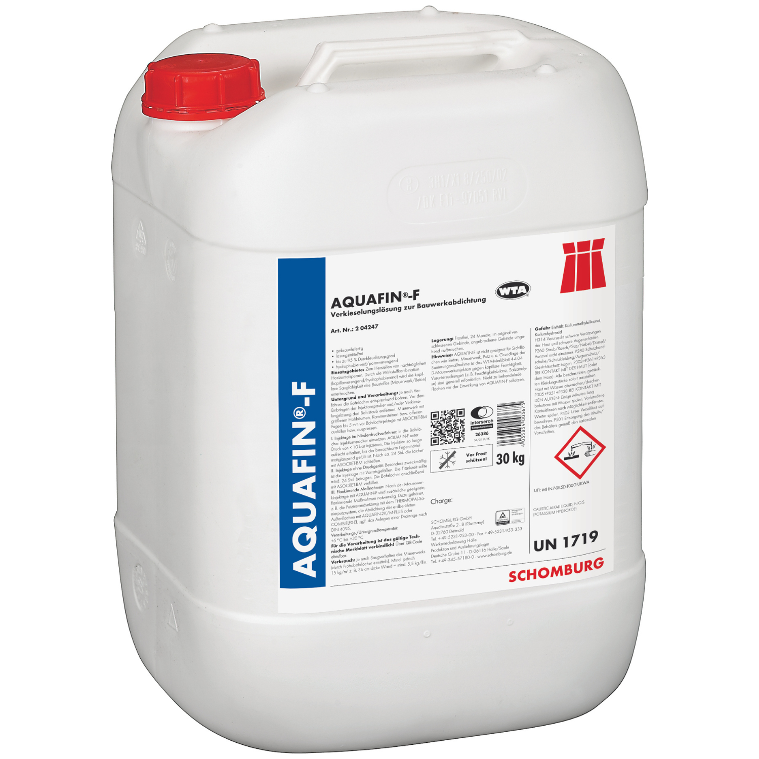 Schomburg AQUAFIN-F 30kg liquid damp-proofing concentrate for injecting masonry walls to treat rising damp and create a long-lasting damp-proof course.