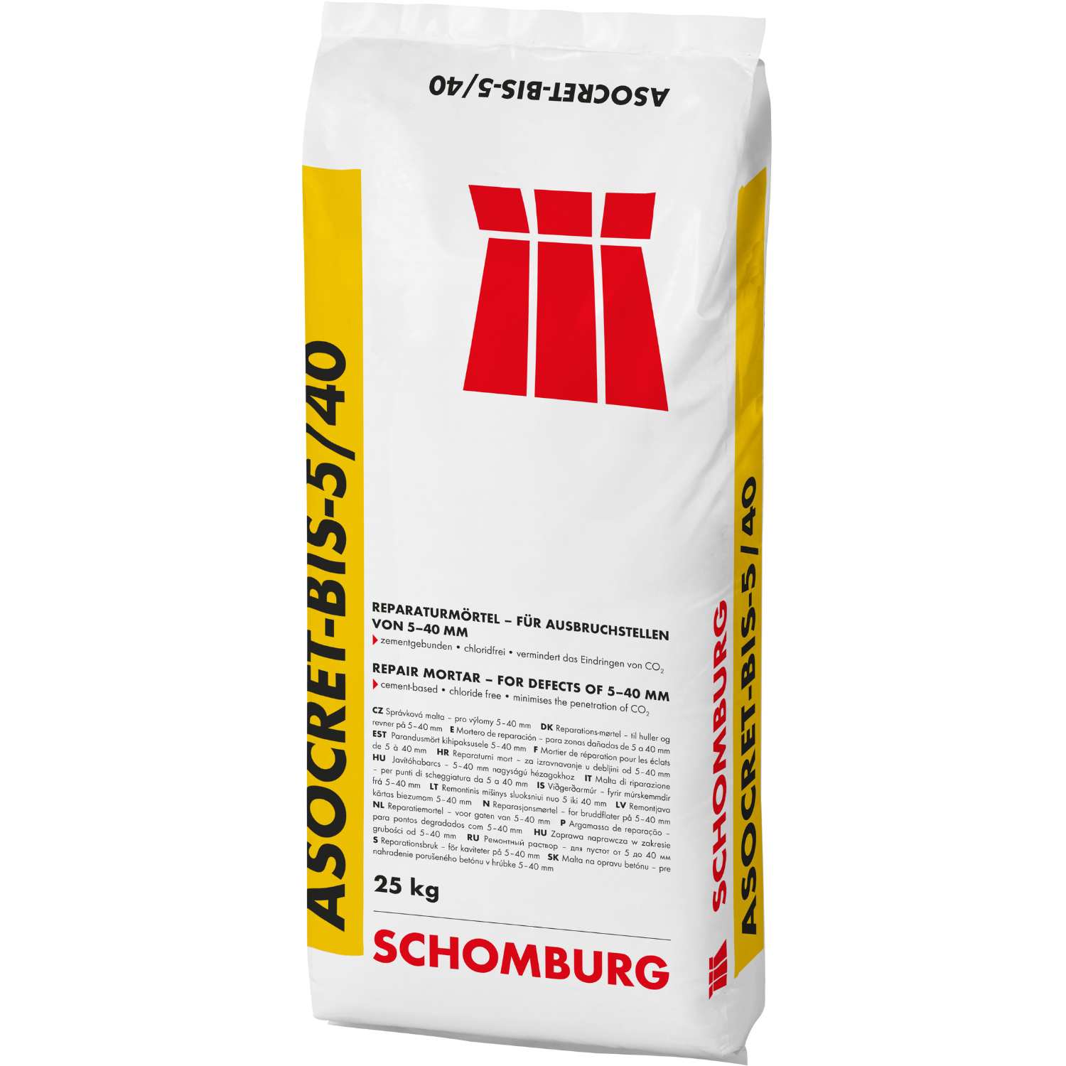 Schomburg ASOCRET-BIS-5/40 25kg cementitious repair mortar for repairing concrete defects and patching damaged concrete surfaces with 5–40mm repair depth.