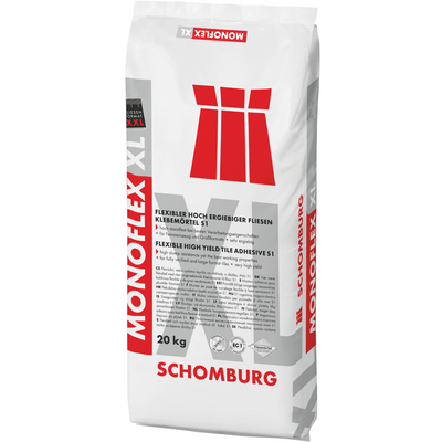 Schomburg MONOFLEX-XL 20kg high-yield flexible tile adhesive S1 for bonding ceramic, porcelain, and natural stone tiles to walls and floors.