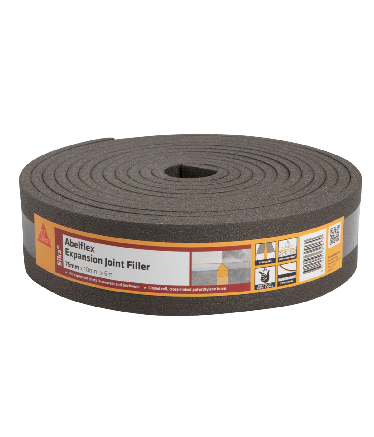 Sika Abelflex Expansion Joint Filler Foam 10x75mm x 6m closed-cell polyethylene foam for forming and filling expansion joints in concrete, brickwork, and construction applications.
