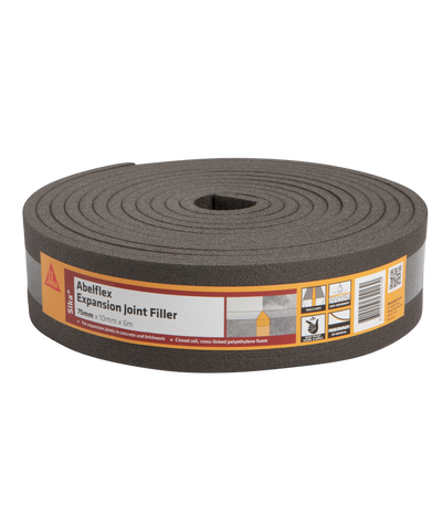 Sika Abelflex Expansion Joint Filler Foam 10x75mm x 6m closed-cell polyethylene foam for forming and filling expansion joints in concrete, brickwork, and construction applications.