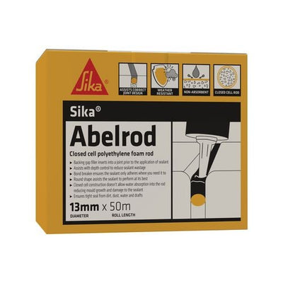 Sika Abelrod Closed Cell Polyethylene Foam Rod 13mm x 50m for use as a backing rod in expansion joints and sealant applications, helping control sealant depth and improve joint performance