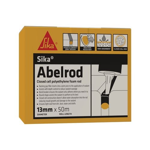 Sika Abelrod Closed Cell Polyethylene Foam Rod 13mm x 50m for use as a backing rod in expansion joints and sealant applications, helping control sealant depth and improve joint performance