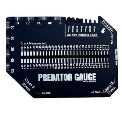 Site Inspector Predator Gauge 5 in 1 multi-tool designed for waterproofing, construction, and building inspections. Features crack width gauges, wet film thickness gauge, measurement scales, and multiple compliance inspection tools in one durable, compact device.