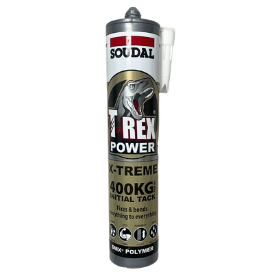 Soudal T-Rex Power X-Treme SMX polymer adhesive with 400kg initial tack for high-strength bonding of construction materials, suitable for interior and exterior applications.