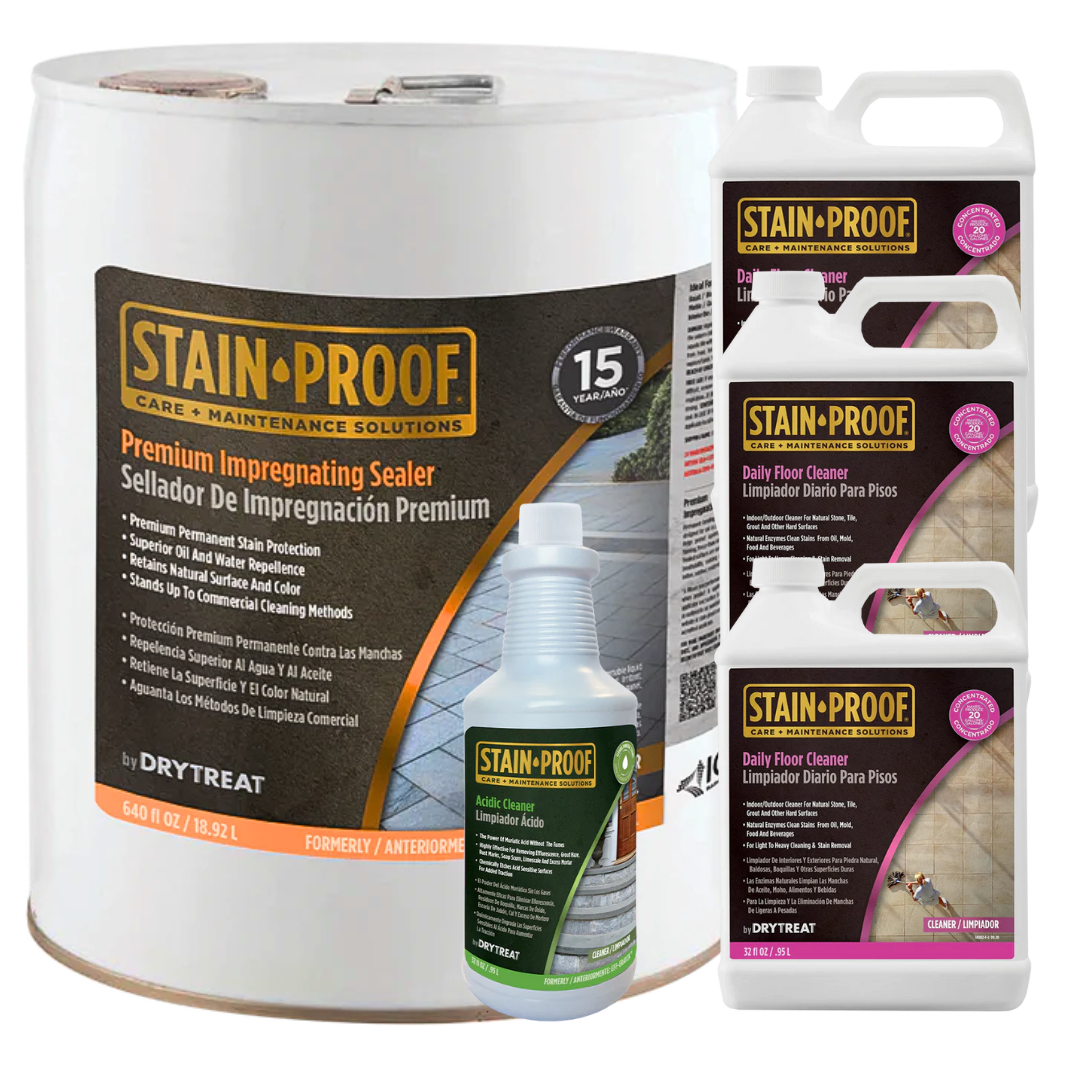 Stain-Proof Power Pack featuring premium impregnating sealer, daily floor cleaner, and acidic cleaner for sealing, cleaning, and maintaining natural stone, concrete, pavers, and tiled surfaces.