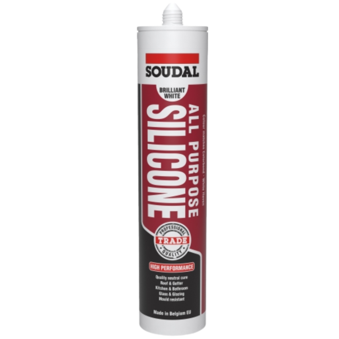 Soudal All Purpose Silicone Brilliant White 300mL neutral cure silicone sealant for kitchens, bathrooms, glazing and general sealing applications, offering flexible, waterproof and mould-resistant performance.