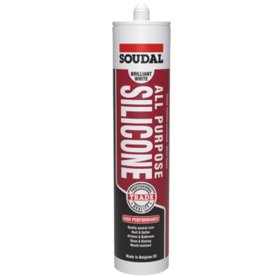 Soudal All Purpose Silicone Brilliant White 300mL neutral cure silicone sealant for kitchens, bathrooms, glazing and general sealing applications, offering flexible, waterproof and mould-resistant performance.
