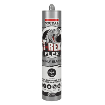 Soudal T-Rex Flex high-strength elastic construction adhesive and sealant for bonding concrete, timber, metal, stone, glass, plastics and other building materials with permanent flexibility.