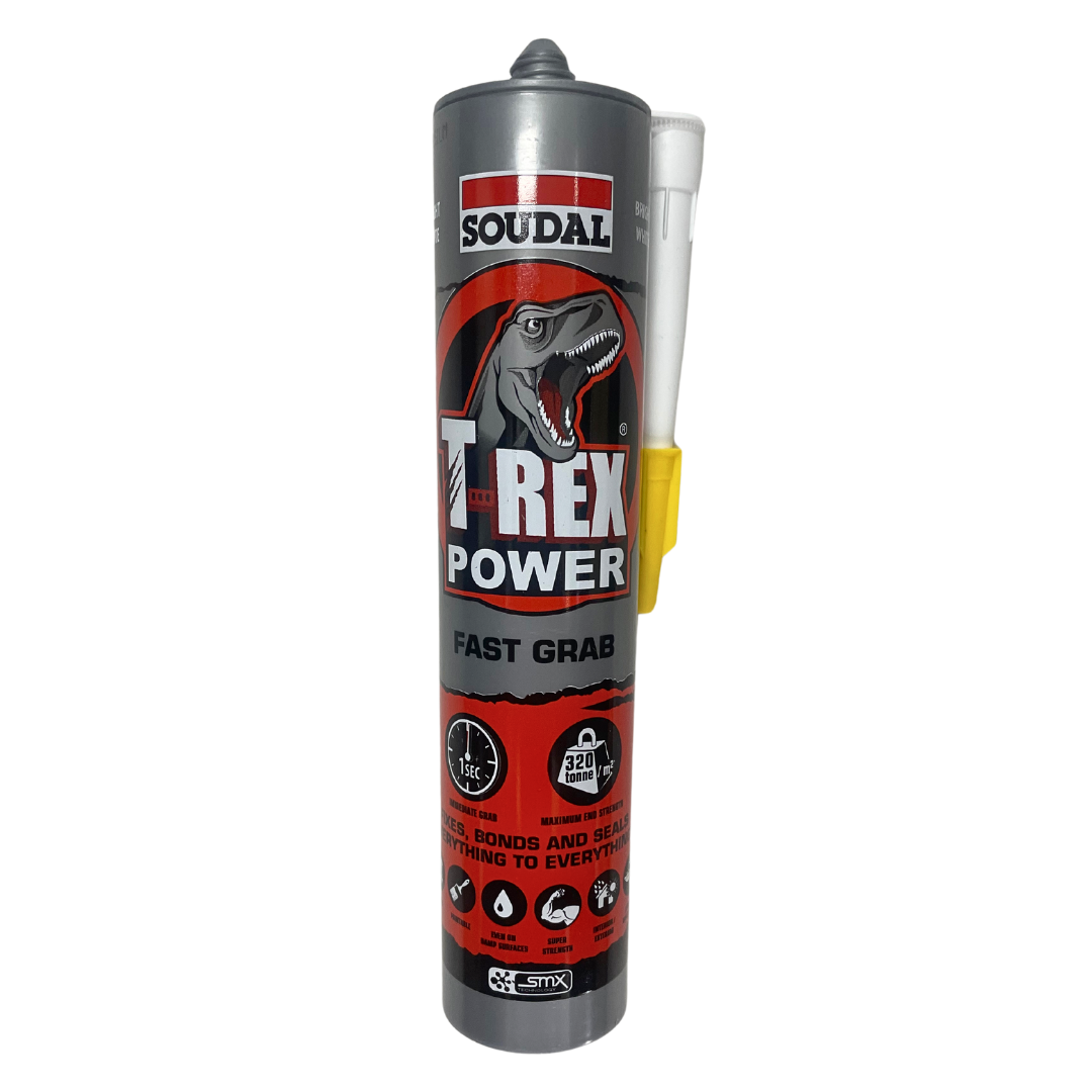 Soudal T-Rex Power Fast Grab 290mL high-strength construction adhesive with instant grab for bonding timber, concrete, brick, stone, metal, plasterboard, ceramics and most building materials.