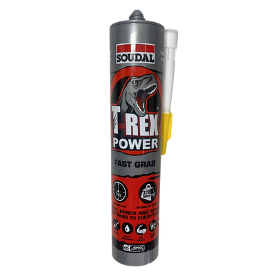 Soudal T-Rex Power Fast Grab 290mL high-strength construction adhesive with instant grab for bonding timber, concrete, brick, stone, metal, plasterboard, ceramics and most building materials.