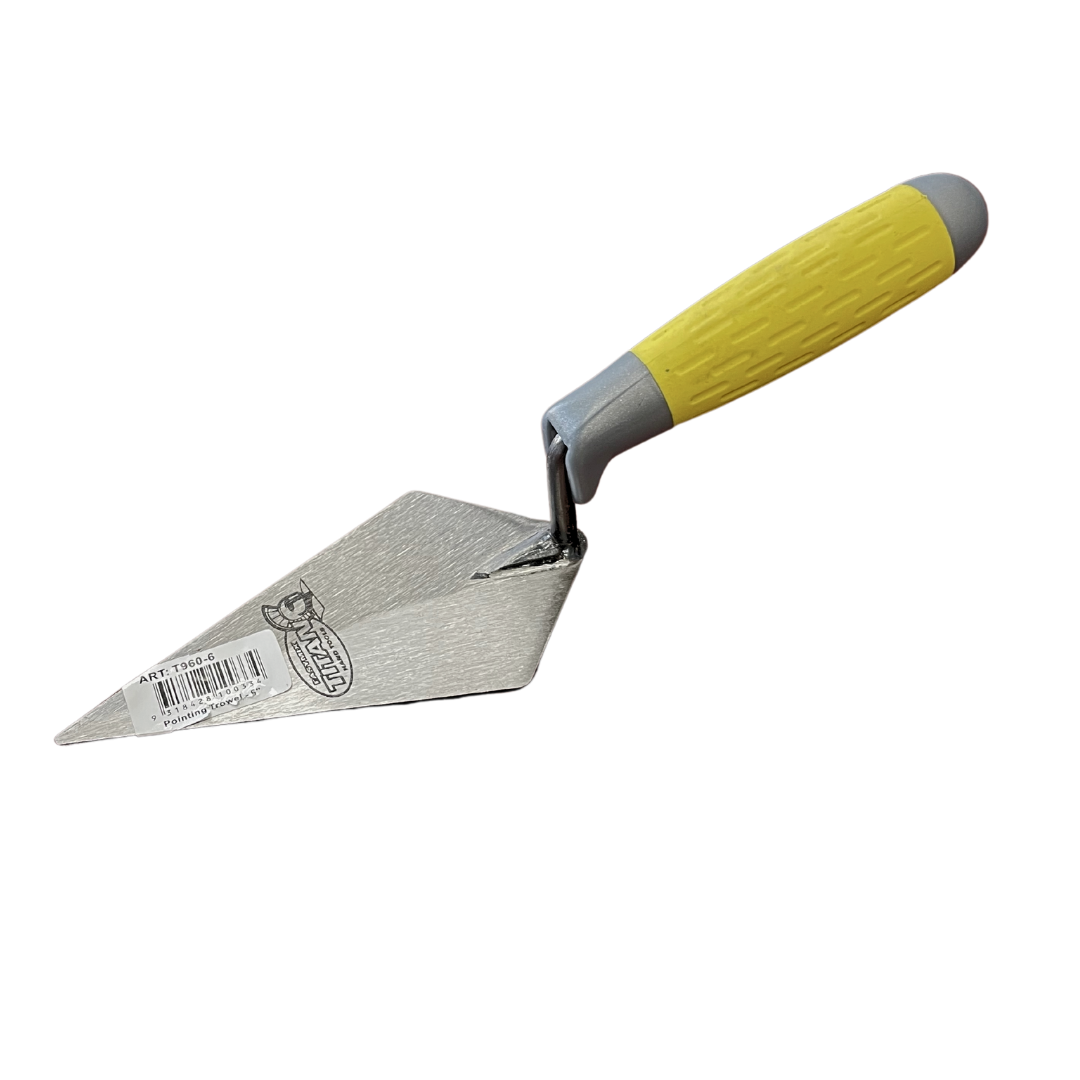 Titan Easy Mix 6-inch pointing trowel with a hardened steel blade and ergonomic handle for bricklaying, pointing, patching, and mortar application.