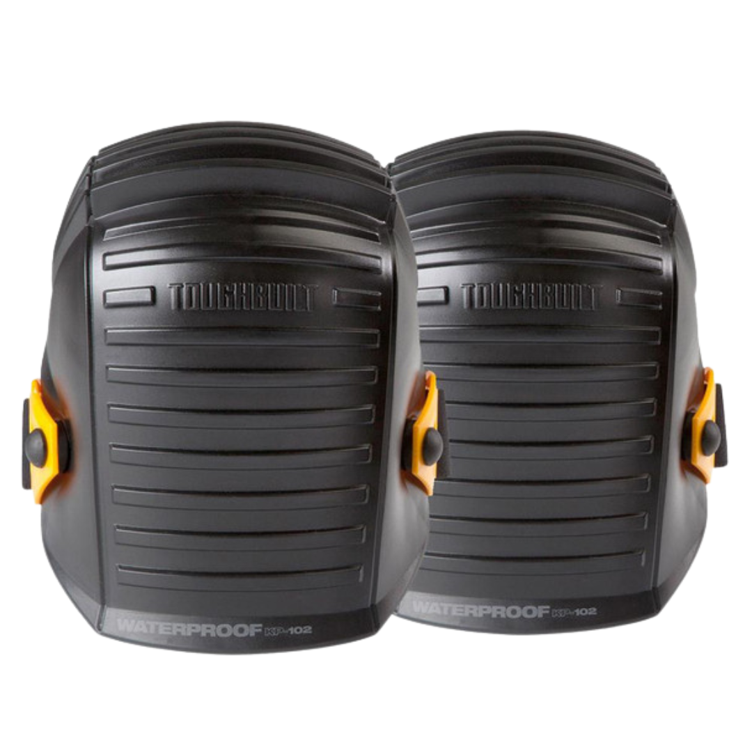 ToughBuilt waterproof knee pads with durable hard shell caps and adjustable straps for kneeling comfort and protection during tiling, waterproofing, flooring, and construction work.