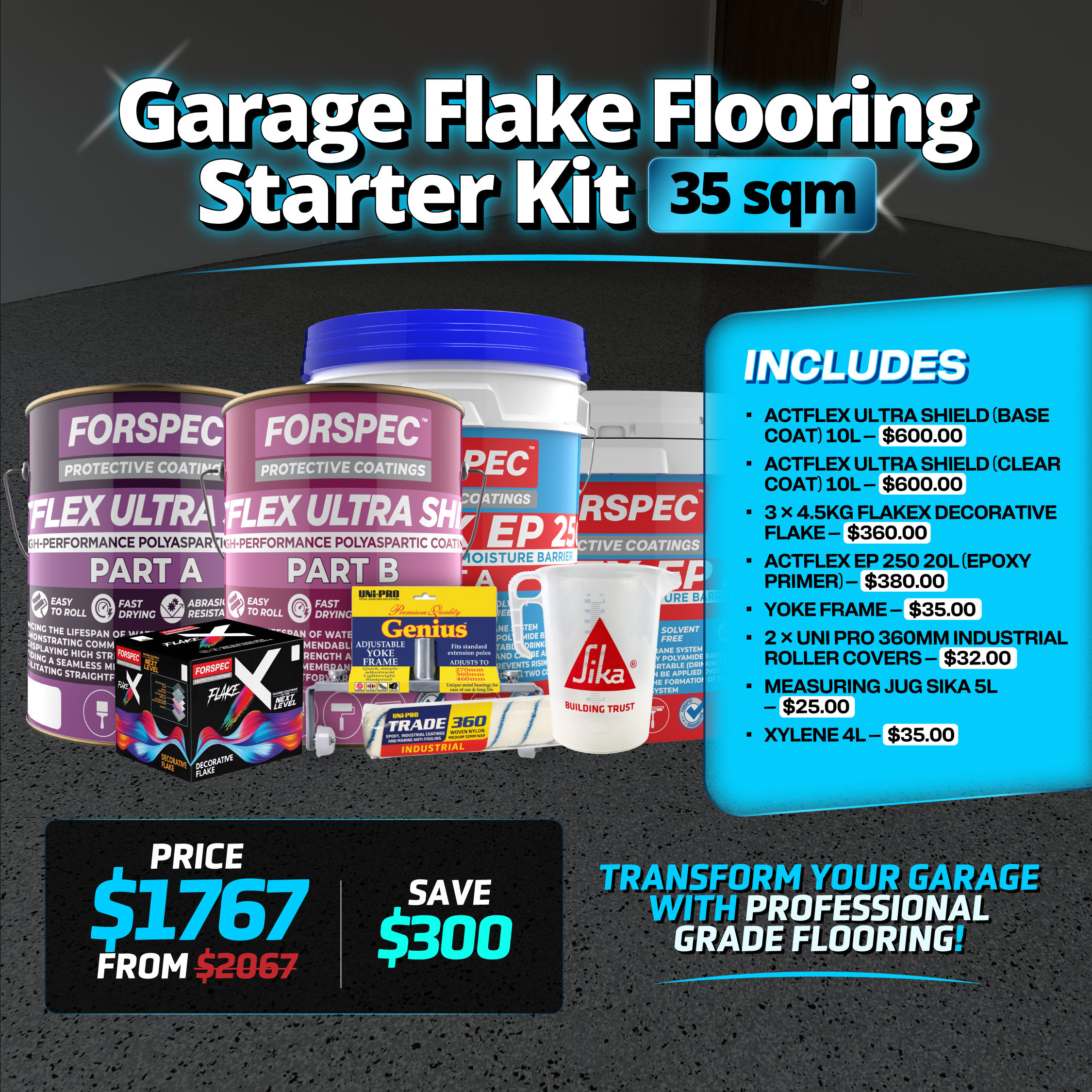 The Forspec Garage Flake Flooring Starter Kit