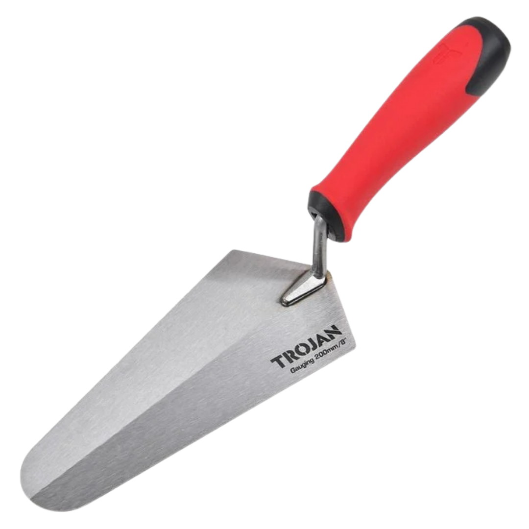 Trojan 200mm gauging trowel with a hardened steel blade and ergonomic soft-grip handle, ideal for mixing, applying and shaping mortar, plaster and cement in masonry applications.