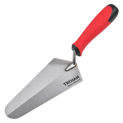 Trojan 200mm gauging trowel with a hardened steel blade and ergonomic soft-grip handle, ideal for mixing, applying and shaping mortar, plaster and cement in masonry applications.