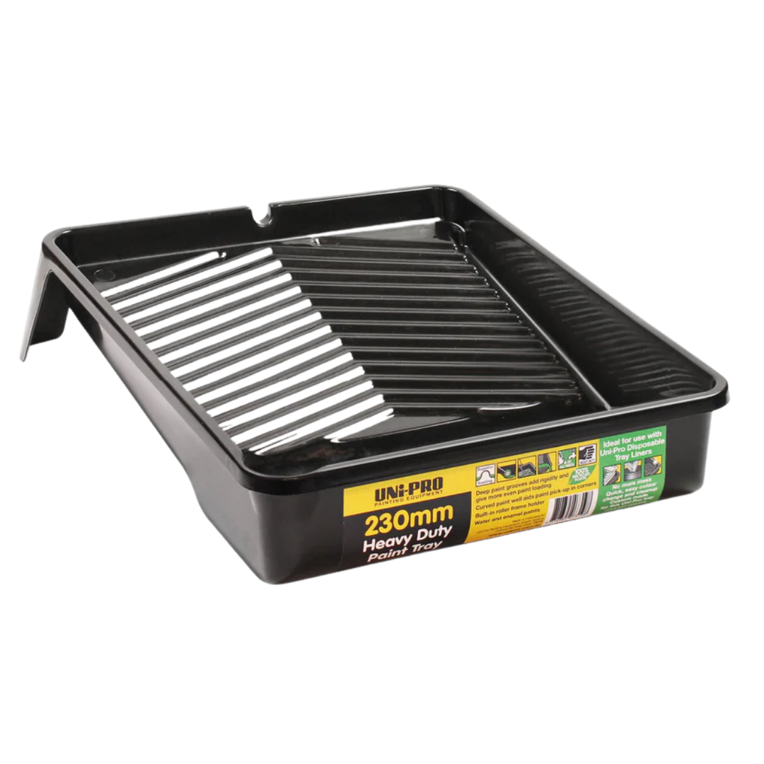 Uni-Pro 230mm heavy duty paint tray designed for use with paint rollers, providing a durable tray for efficient paint loading and application.