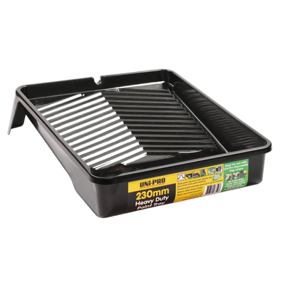 Uni-Pro 230mm heavy duty paint tray designed for use with paint rollers, providing a durable tray for efficient paint loading and application.