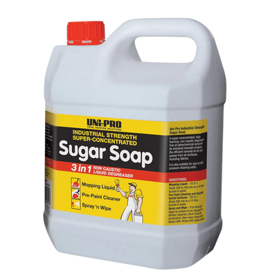 Uni-Pro 3 in 1 Sugar Soap 4L industrial strength cleaner for pre-paint surface preparation, degreasing, and general cleaning