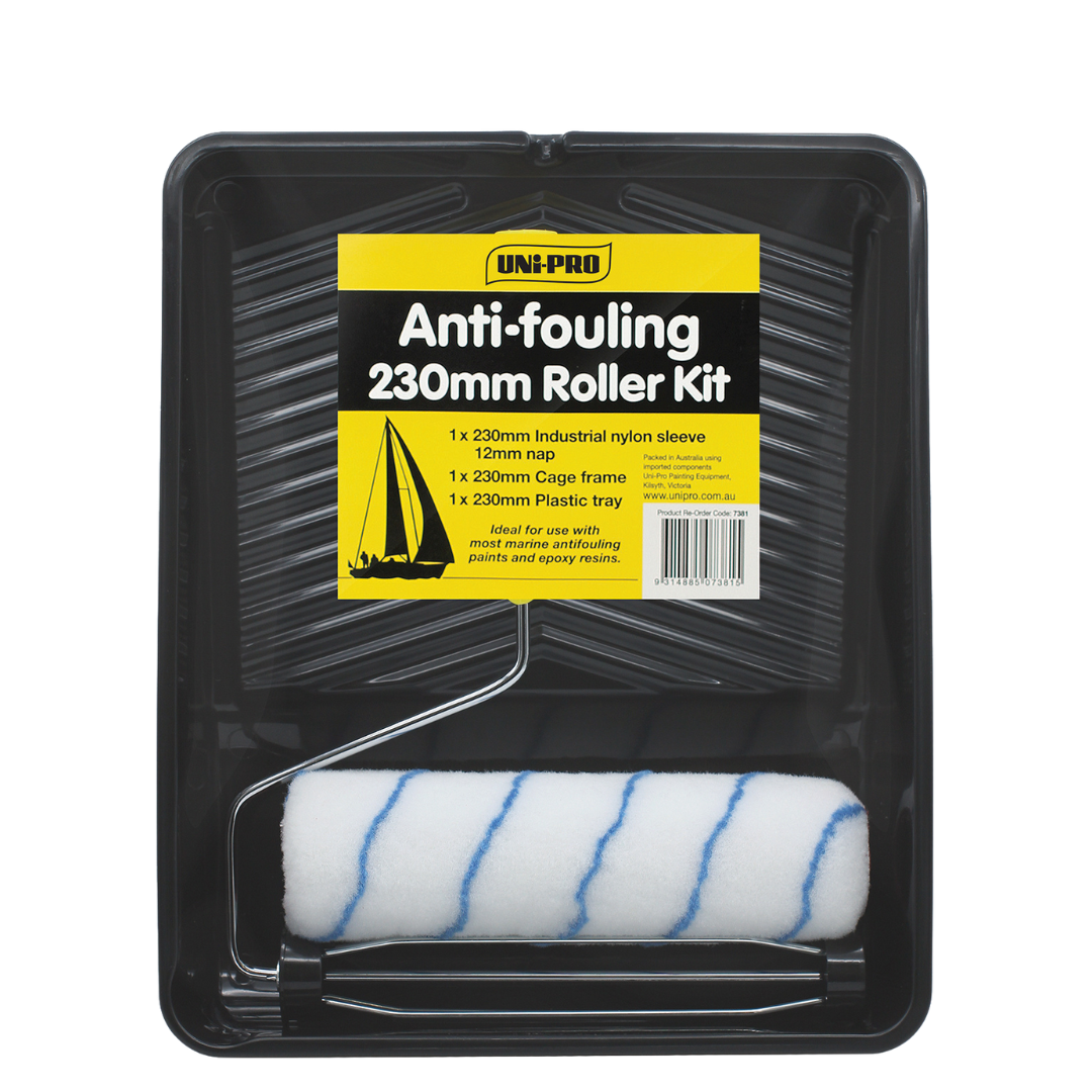 Uni-Pro Anti-Fouling 230mm roller kit with industrial nylon roller sleeve, cage frame, paint tray, and tray liner for applying marine anti-fouling paints and epoxy coatings.