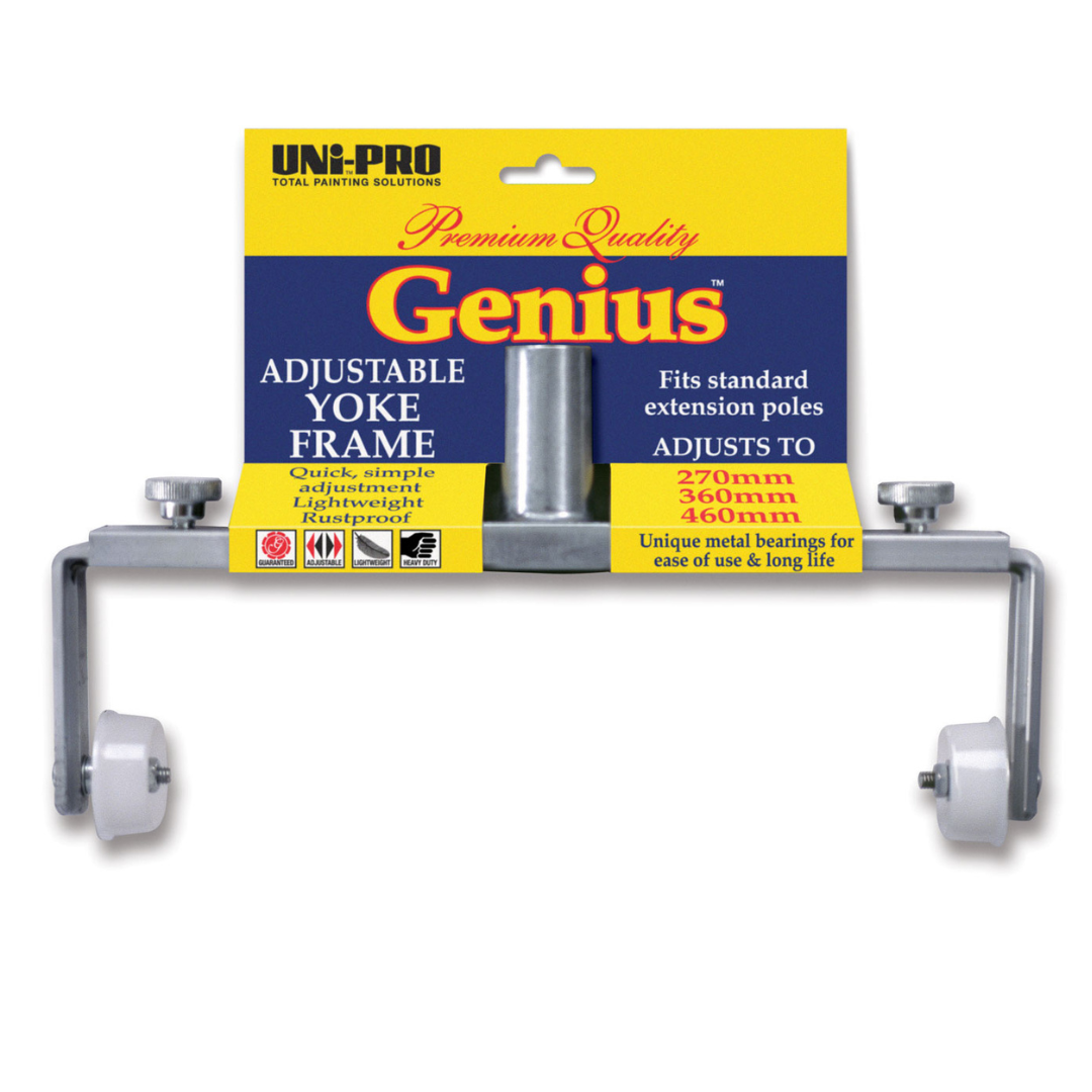 UNI-PRO Genius adjustable yoke frame with an adjustable width of 270mm to 460mm, designed to fit standard extension poles and support a range of paint rollers for efficient painting of walls, ceilings, and large surfaces.