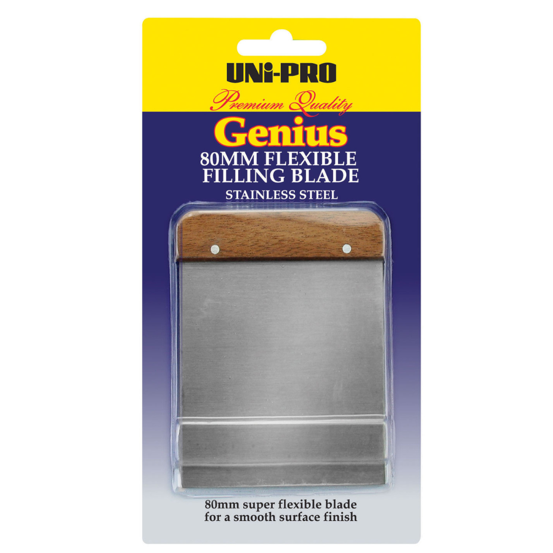 UNI-PRO Genius 80mm flexible stainless steel filling blade with a wooden handle, designed for applying and smoothing fillers, putty, plaster, and patching compounds to achieve a smooth surface finish.