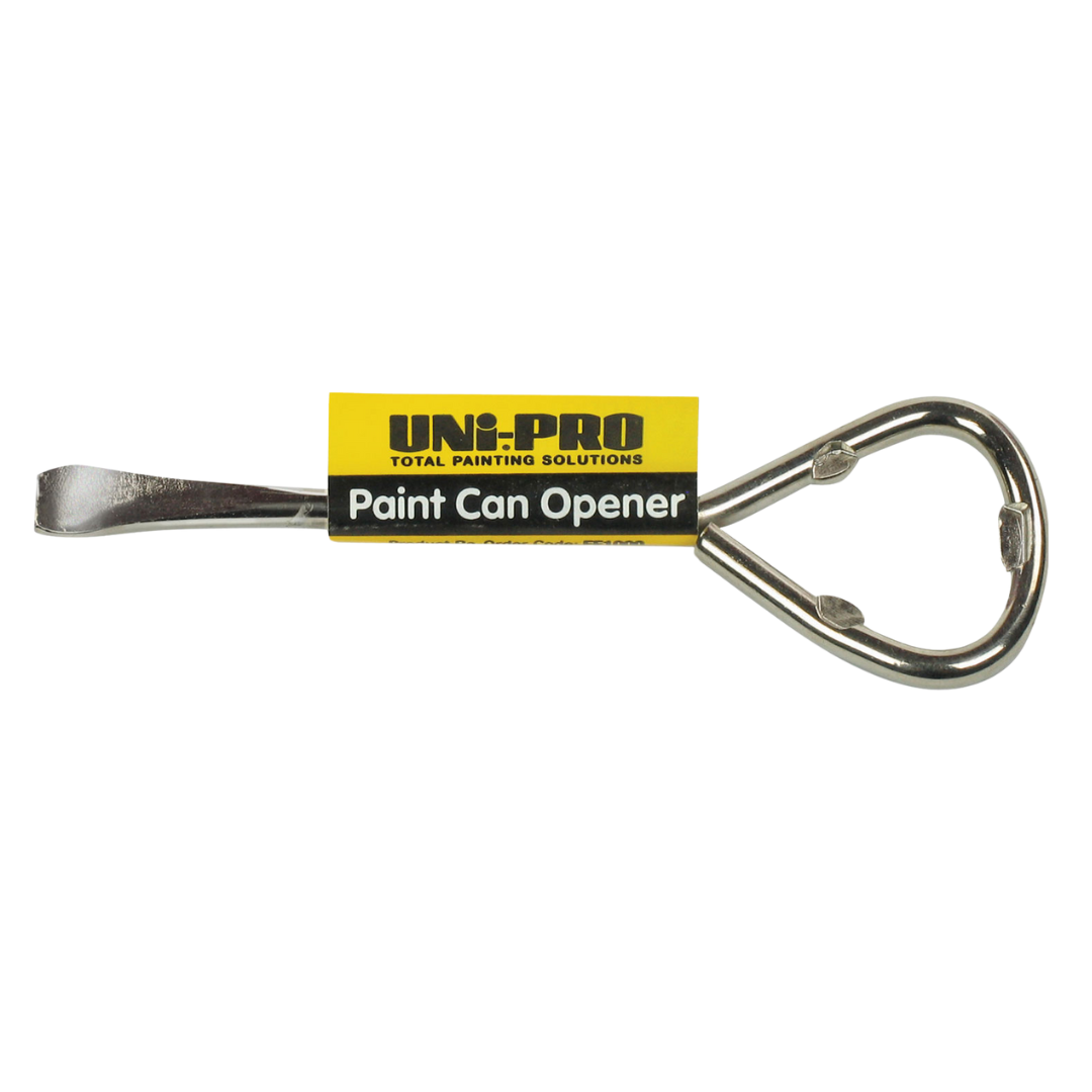 Uni-Pro paint can opener with a durable metal blade and bottle opener handle for easily opening paint cans without damaging the lid.