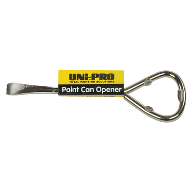 Uni-Pro paint can opener with a durable metal blade and bottle opener handle for easily opening paint cans without damaging the lid.