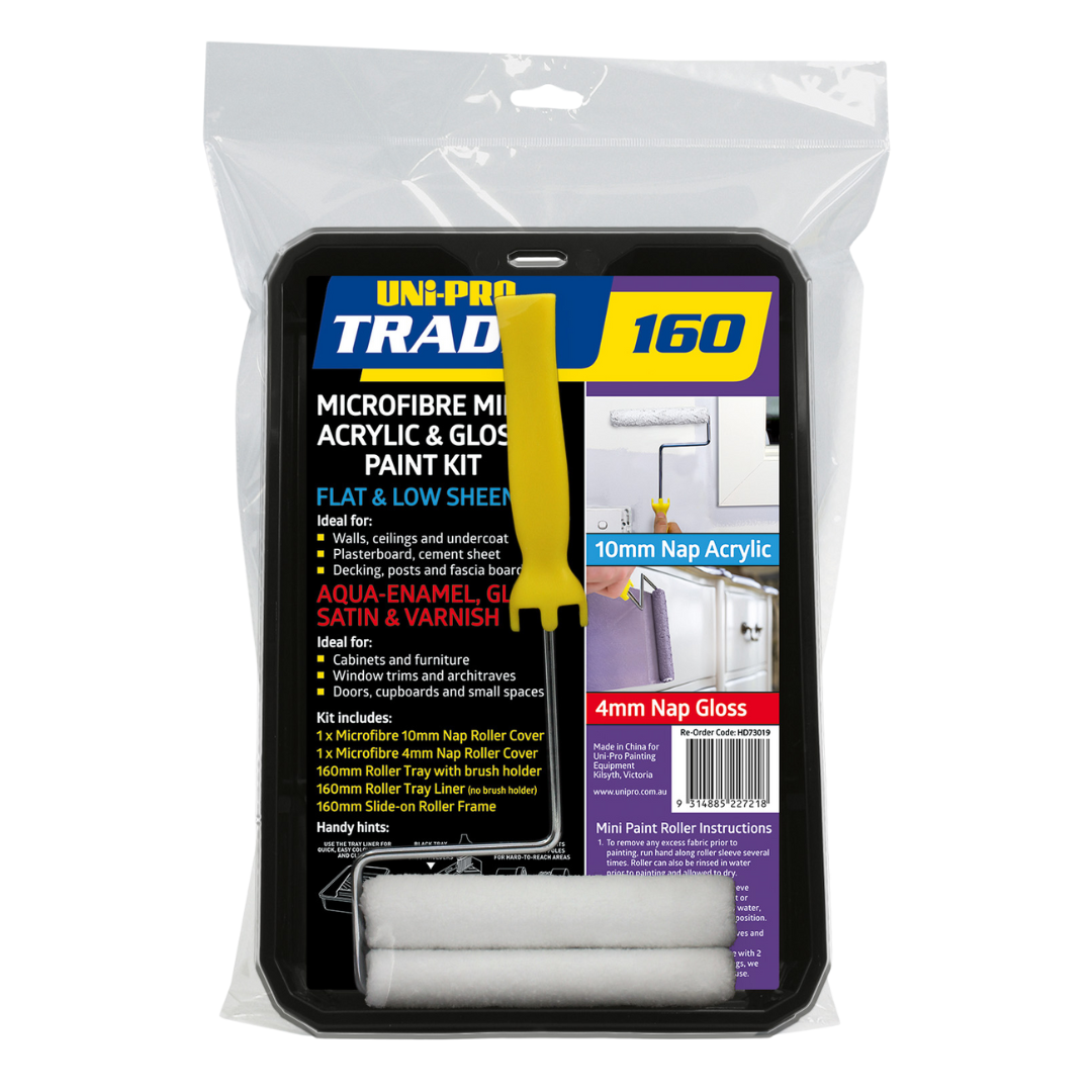 Uni-Pro Trade 160mm microfibre mini paint tray kit with 10mm acrylic roller, 4mm gloss roller, paint tray, roller frame, and brush for smooth painting applications.