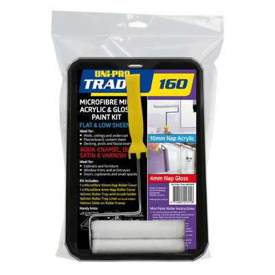 Uni-Pro Trade 160mm microfibre mini paint tray kit with 10mm acrylic roller, 4mm gloss roller, paint tray, roller frame, and brush for smooth painting applications.