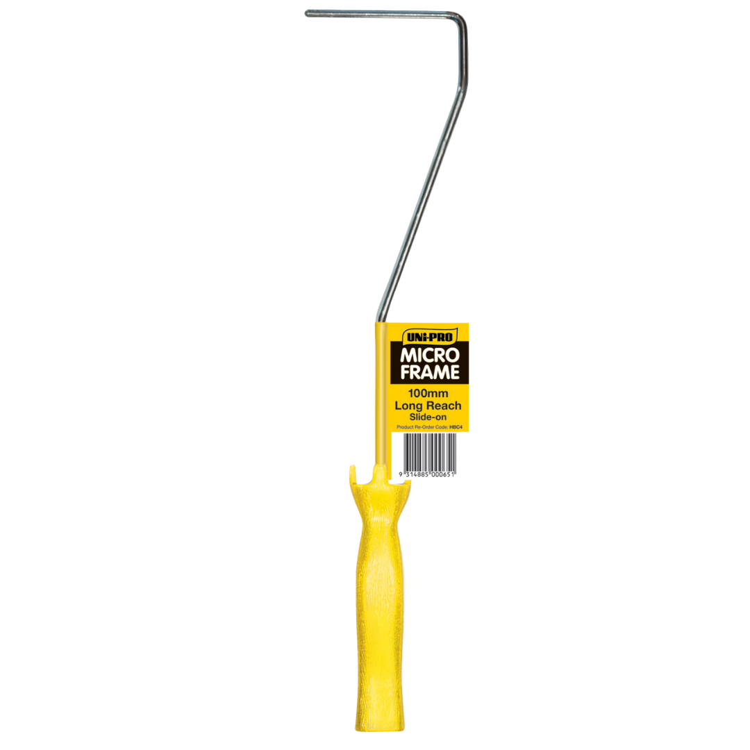 UNI PRO 100mm Mini Roller Frame with long reach handle for 100mm slide-on mini roller covers, ideal for painting, waterproofing, epoxy coatings and detail work.