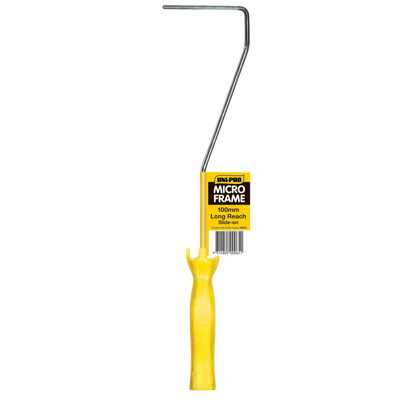 UNI PRO 100mm Mini Roller Frame with long reach handle for 100mm slide-on mini roller covers, ideal for painting, waterproofing, epoxy coatings and detail work.