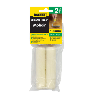 UNI PRO 100mm Mohair Mini Roller Covers 2 Pack with 5mm nap for smooth satin and gloss finishes, ideal for varnishes, polyurethanes, enamels, undercoats and furniture restoration.
