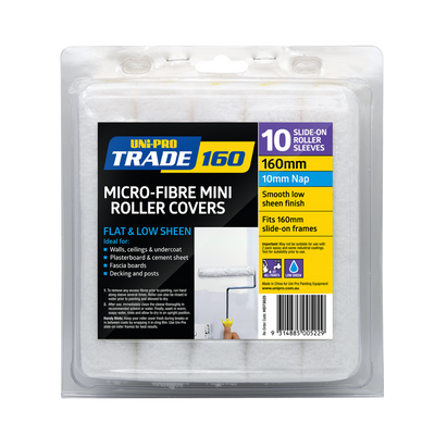 UNI PRO 160mm Microfibre Mini Roller Covers 10 Pack with 10mm nap for smooth low sheen finishes on walls, ceilings, plasterboard, cement sheet, fascia boards and decking, suitable for 160mm slide-on mini roller frames.