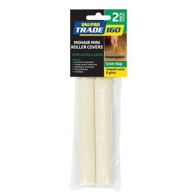 UNI PRO 160mm Mohair Mini Roller Covers 2 Pack with 5mm nap for smooth satin and gloss finishes, ideal for varnishes, polyurethanes, enamels, undercoats and furniture restoration.